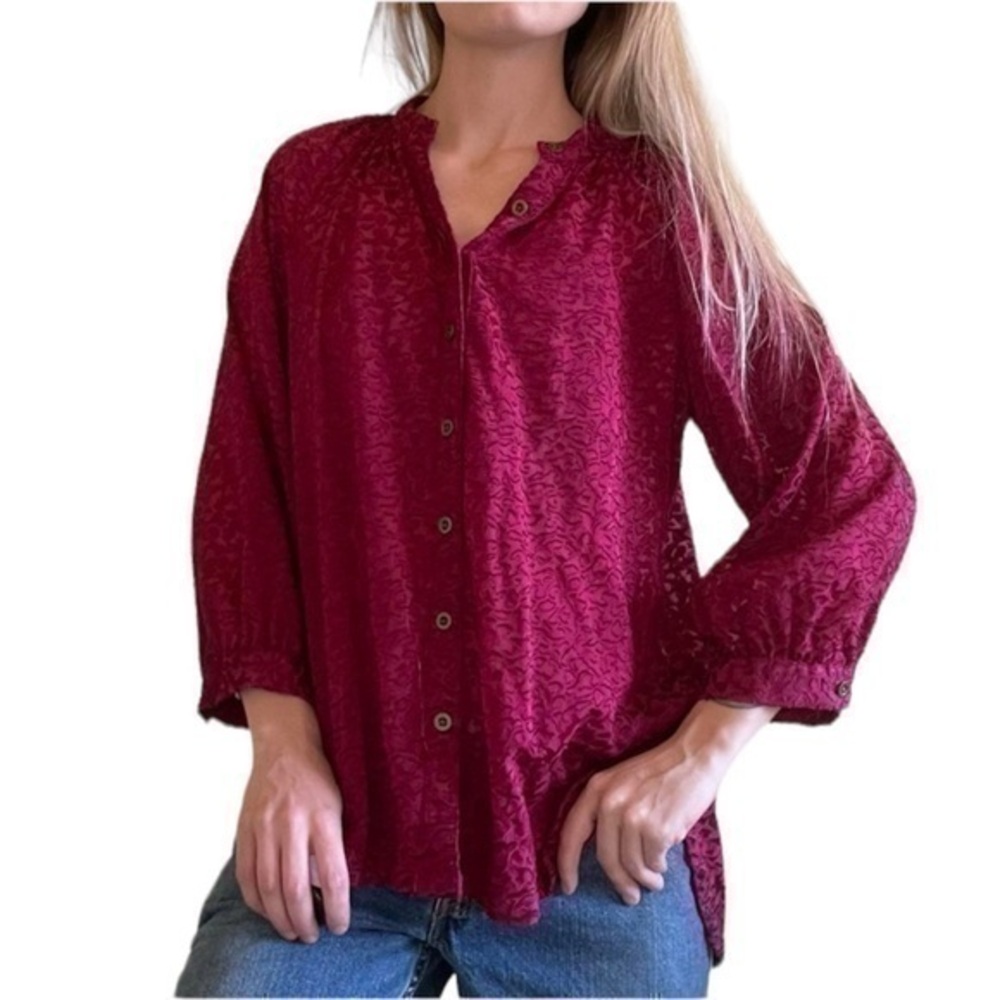 Burgundy velvet sheer pattern Anthropologie button down blouse